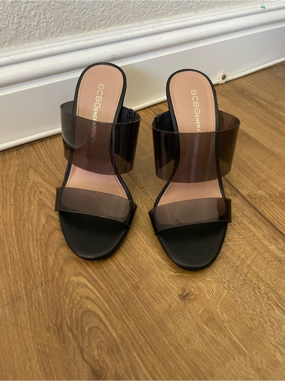 BCBGeneration Black Slide Mules with Smoky Clear Straps Size 5 - Picture 3 of 5